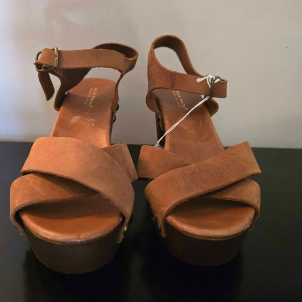 Mila Paoli brown leather cross strap platform sandals
